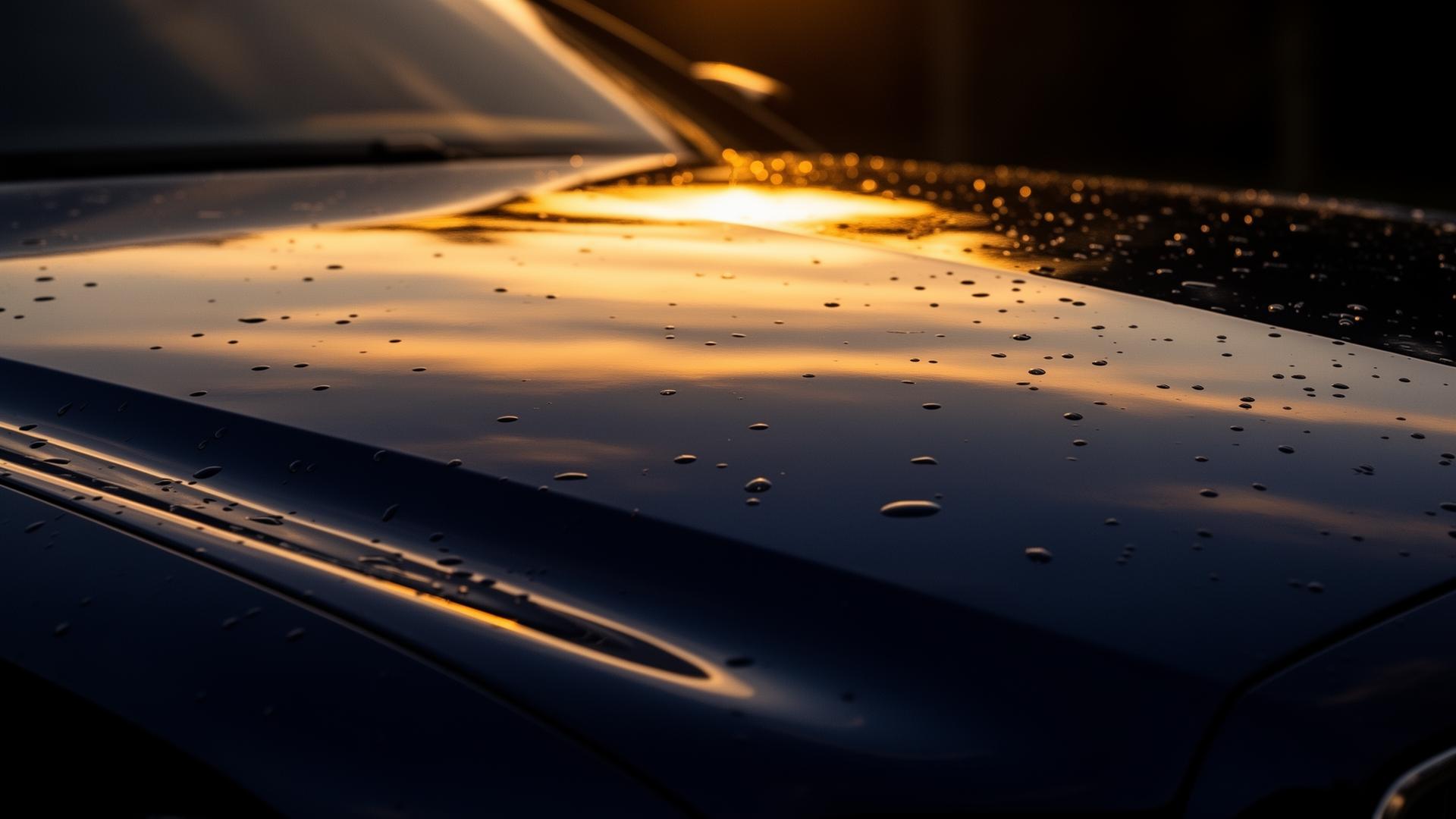 Hail damage on car hood with water droplets in Kansas City